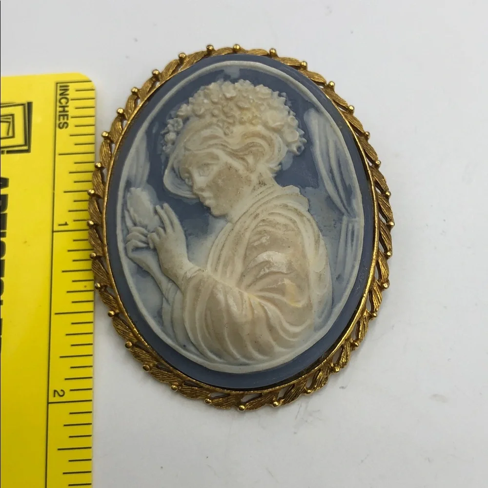 Vintage Classy Blue and Cream Cameo Brooch - Profile Woman